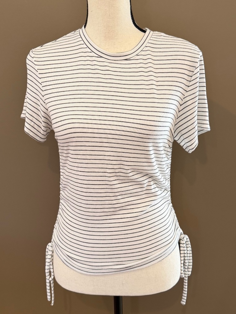 Ivory And Black Striped Short Sleeve Top, Ruched Side with tie, Size Medium